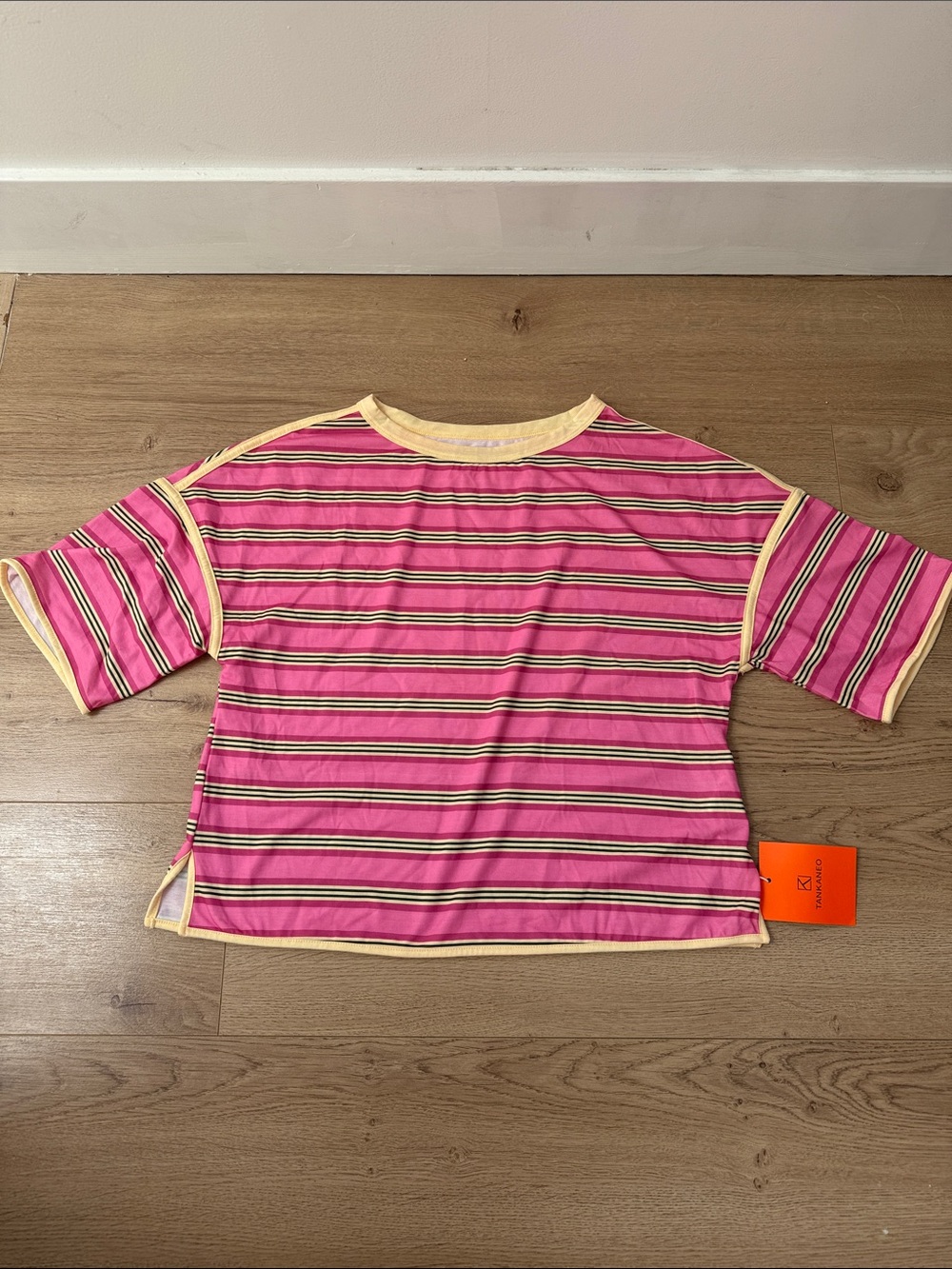 Amazon Pink Striped Short Sleeve Tee with Yellow Trim